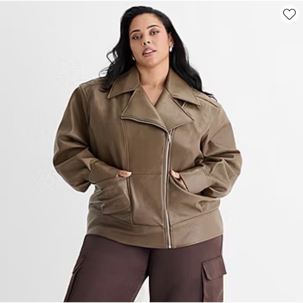 Ashley Graham Brown Faux Leather Moto Jacket Womens 2X Asymmetric Zip $240 NWT - Picture 8 of 14